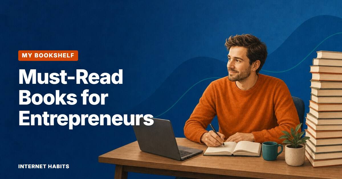 A man makes notes from an open book beside a tall stack of books, with the words 'Must-Read Books for Entrepreneurs'.