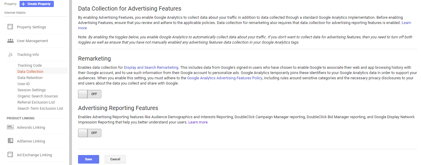 Disable Remarketing and Advertising in Google Analytics