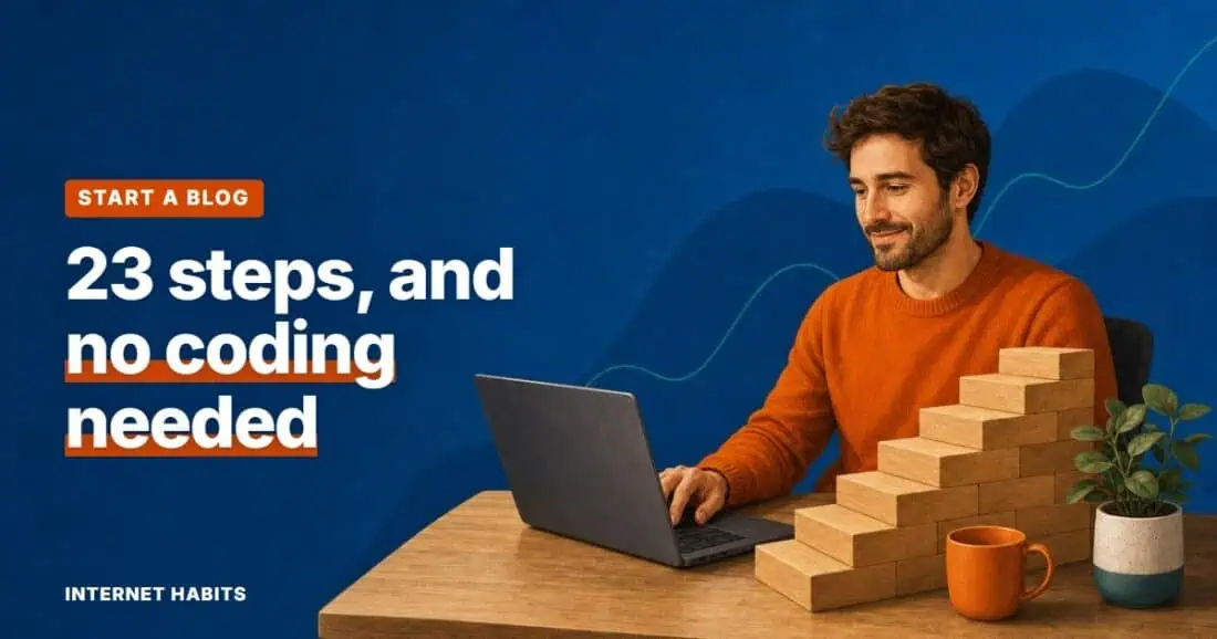 A man works calmly at his laptop beside a staircase of wooden building blocks, with the words '23 steps, and no coding needed'.