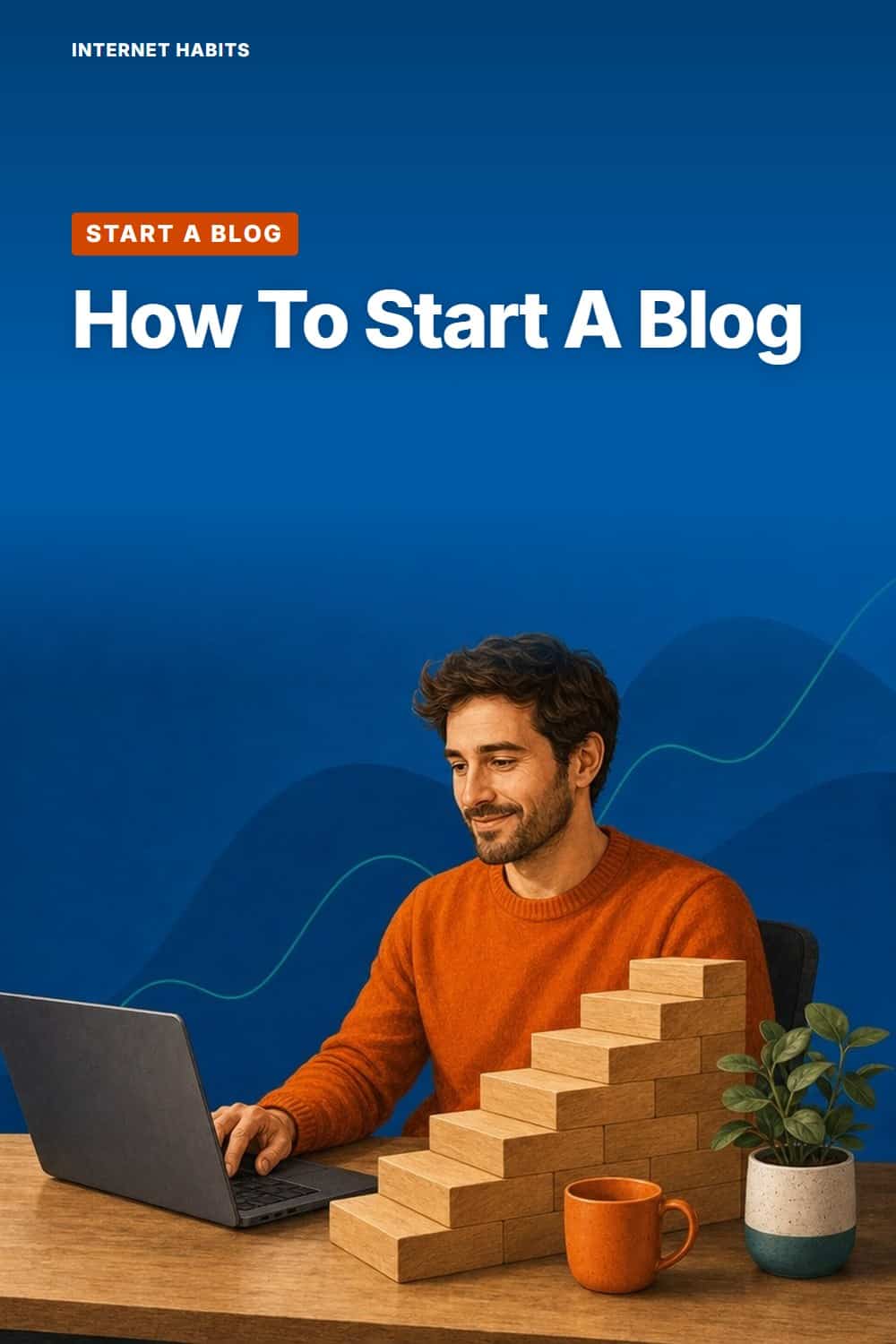 A man works calmly at his laptop beside a staircase of wooden building blocks, with the words '23 steps, and no coding needed'.