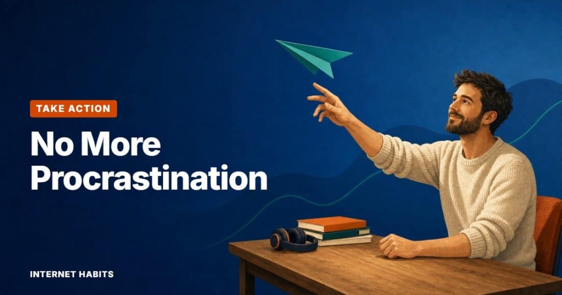 A man leans forward and launches a teal paper aeroplane, his notebooks and headphones pushed aside, with the words 'No More Procrastination'.